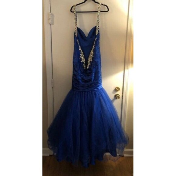 GORGEOUS PREOWNED VINTAGE BLUE MORI LEE MERMAID TULLE CRYSTAL BEADED GOWN SZ 8 - Picture 8 of 13